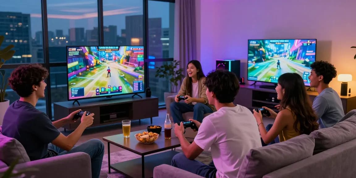 Diverse gamers playing IWIN online games in a vibrant living room.