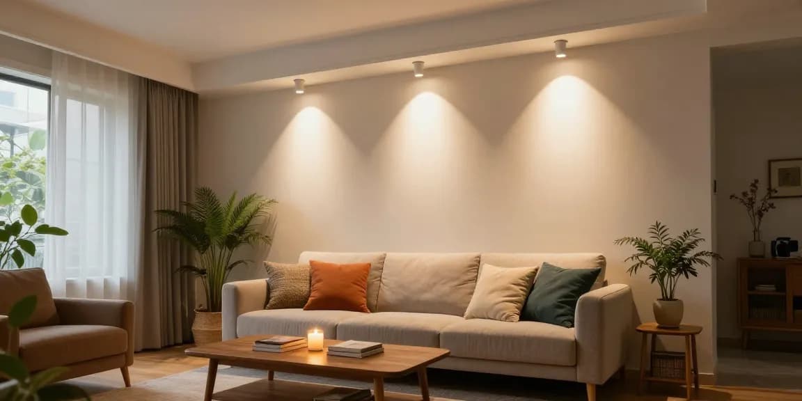 Iluminat modern cu spoturi led în living, creând o atmosferă călduroasă.