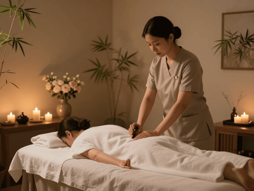 Relaxing 양주출장안마 setting with soothing massage therapy room ambiance.