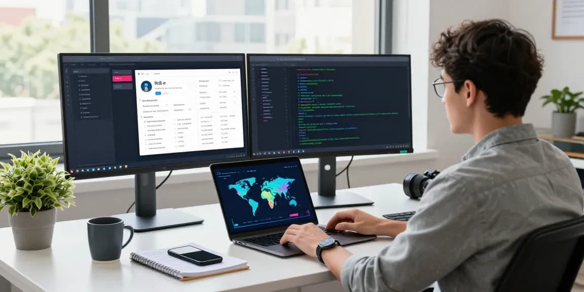 Developer optimizing the 快连 VPN application in a modern office setting, showcasing advanced network performance metrics.