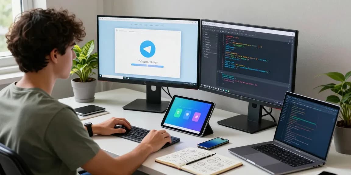Developer at modern workspace coding for Telegram download with multiple screens and gadgets.