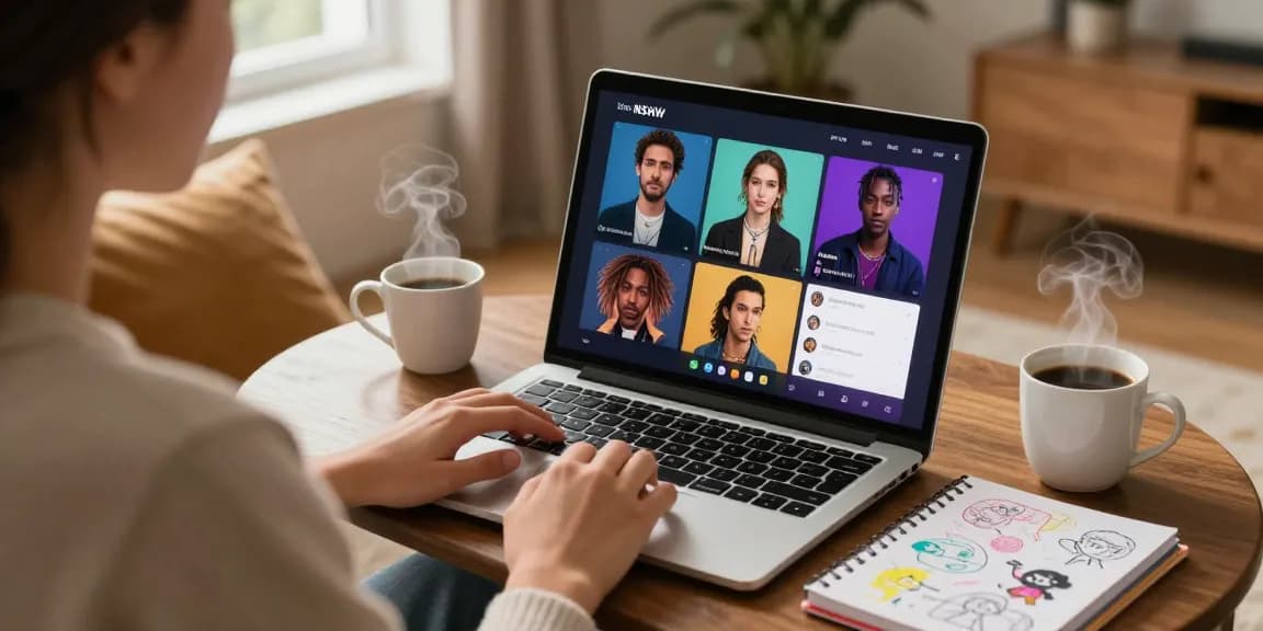User engaged in NSFW character AI chat, laptop displaying customizable avatars in a cozy environment.