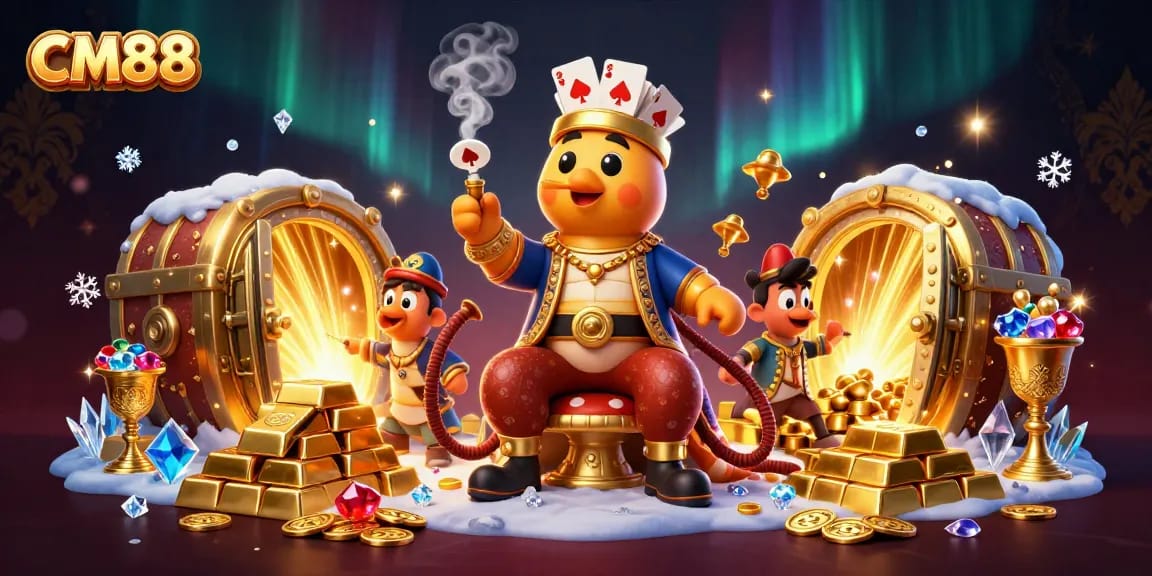 Experience CM88's vibrant gambling world with cartoon characters, gold elements, and casino symbols.