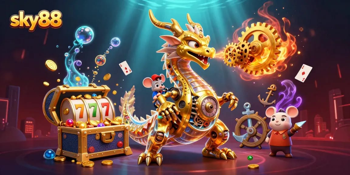 Sky88 showcases a vibrant scene of a golden dragon amidst casino elements, enhancing gaming excitement.