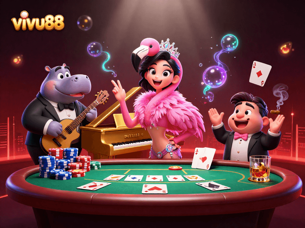 Experience the vibrant energy of vivu88 with a lively casino scene featuring unique characters and exciting game elements.