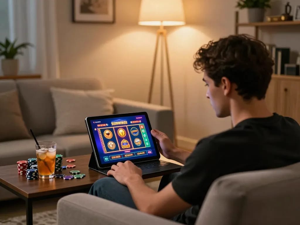 Engaging gameplay on the sunwingo casino app from a cozy home setup, showcasing vibrant gaming interface and relaxed atmosphere.