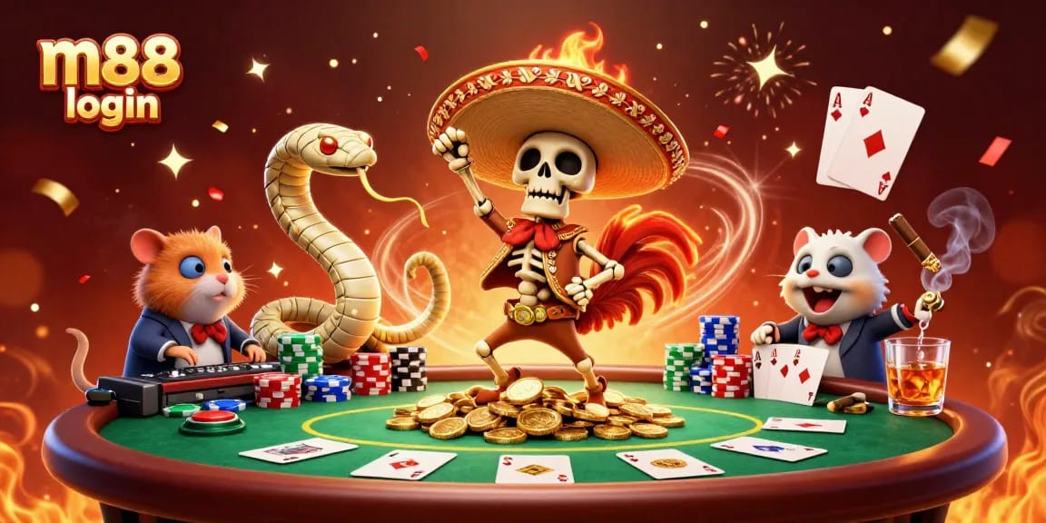 Experience vibrant m88 login moments with a 3D illustration of a festive casino scene, showcasing lively characters.