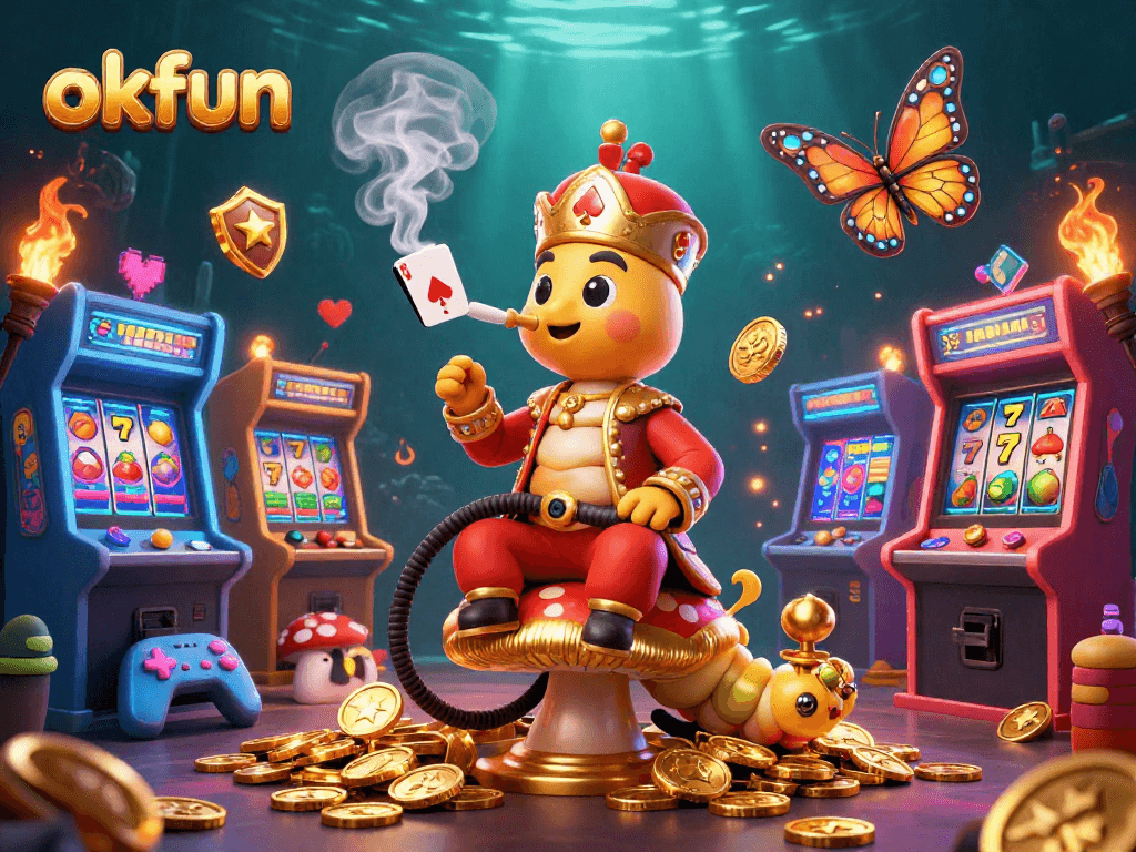 Spin and win with okfun's vibrant casino-themed illustration featuring dynamic characters and game elements.
