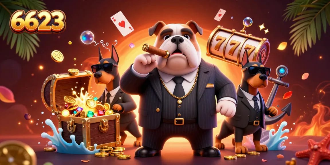 Experience thrilling games at 6623 with a dynamic scene of a mafia boss and slot reels.