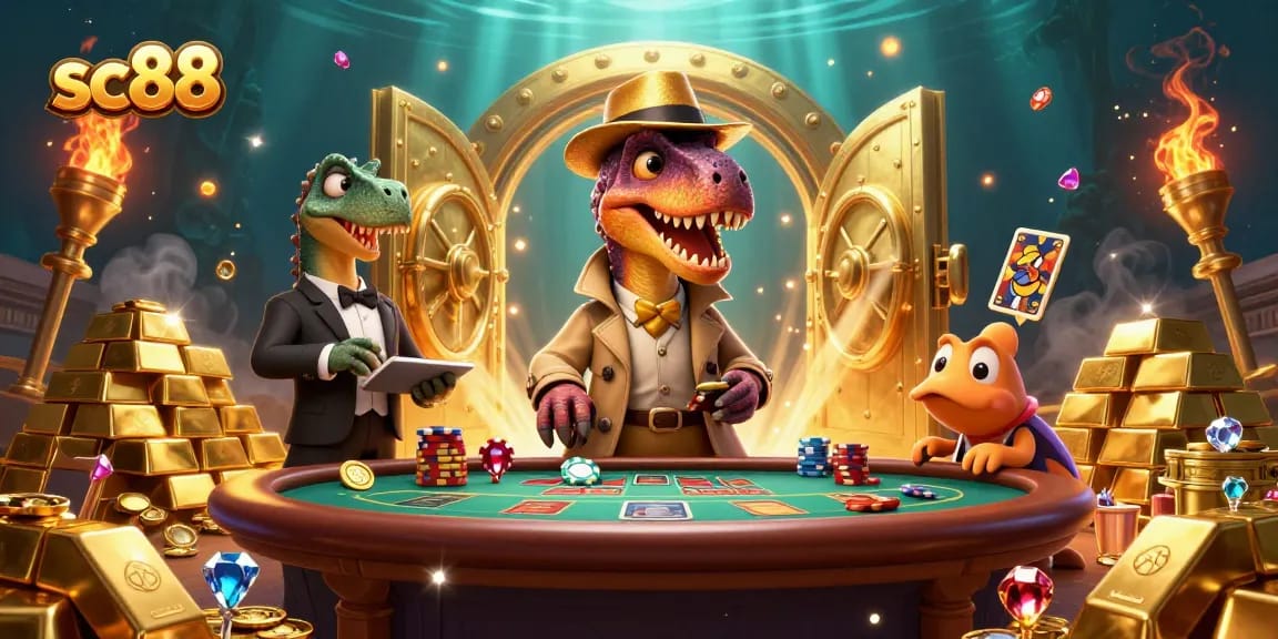 Experience thrilling fun at SC88 with a crafty velociraptor counter, a suspicious stegosaurus pit boss, and a sneaky compy.