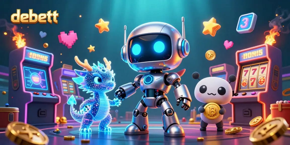 Play thrilling casino slots with debett's vibrant 3D illustration of a cyberpunk robot and AI dragon.