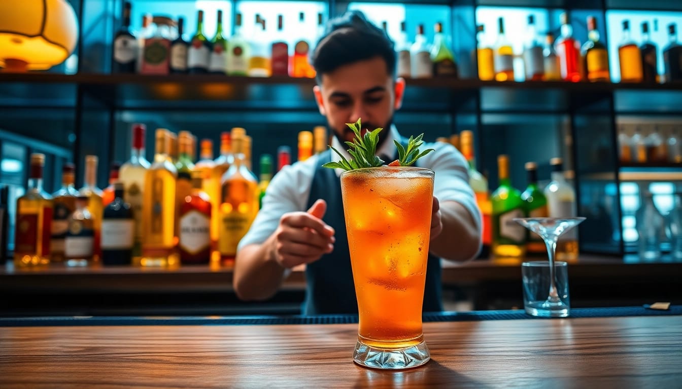 Order alcohol delivery Toronto with fresh cocktails prepared by a skilled bartender in an inviting bar.