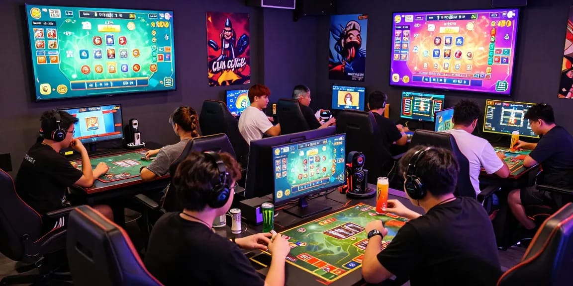 A dynamic gaming environment capturing players enjoying rikvip online card games with colorful screens and engaging atmosphere.