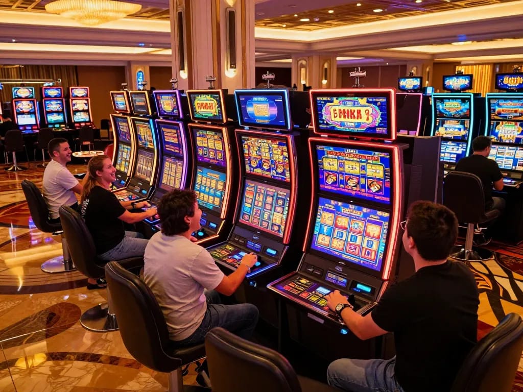 Players enjoying vibrant slot machines at 888b casino, showcasing excitement and engagement.