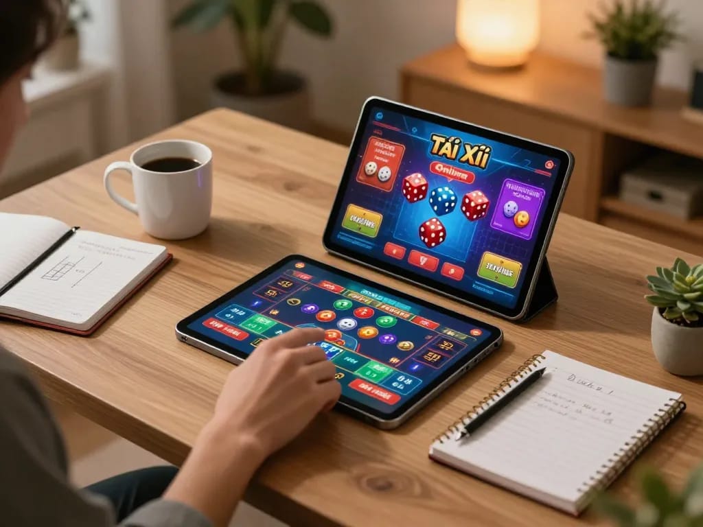 Tài xỉu online gameplay displayed on tablet in a cozy home setting, showcasing strategy and engagement.