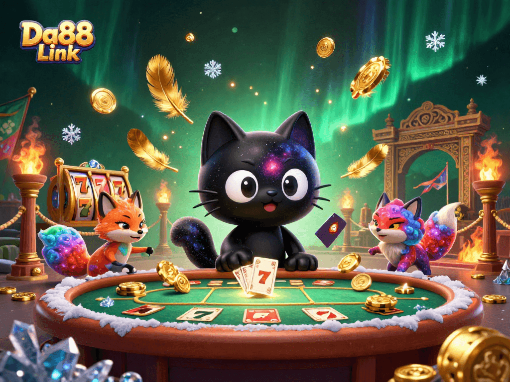 Engage with the thrilling Da88 Link as a cosmic casino cat draws in chips and cards dynamically.