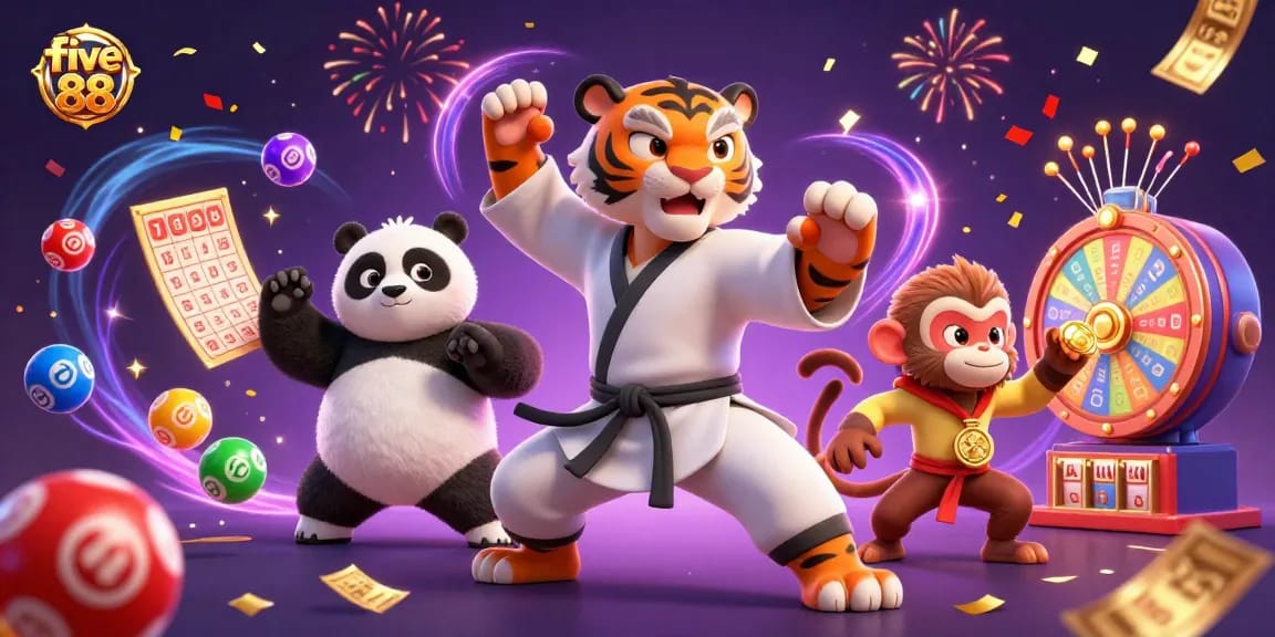 Engaging five 88 themed casino scene with kung fu tiger, panda, and monkey amidst vibrant gambling elements.