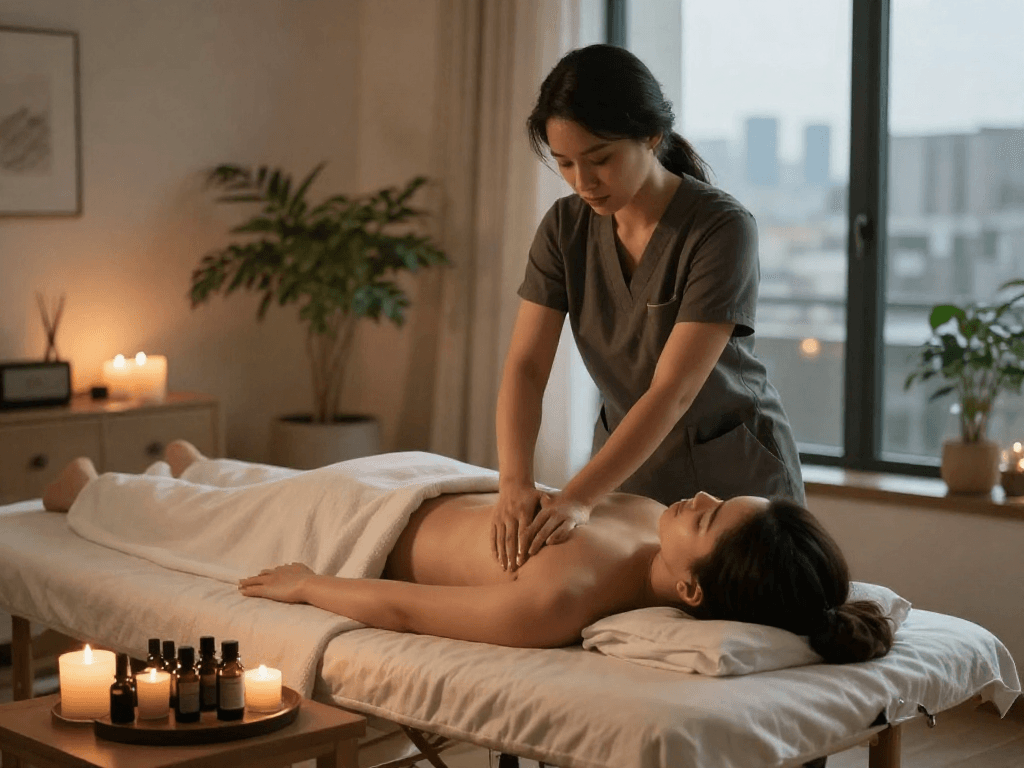 김포출장안마 providing a serene home massage experience with therapist and client in tranquil setting.