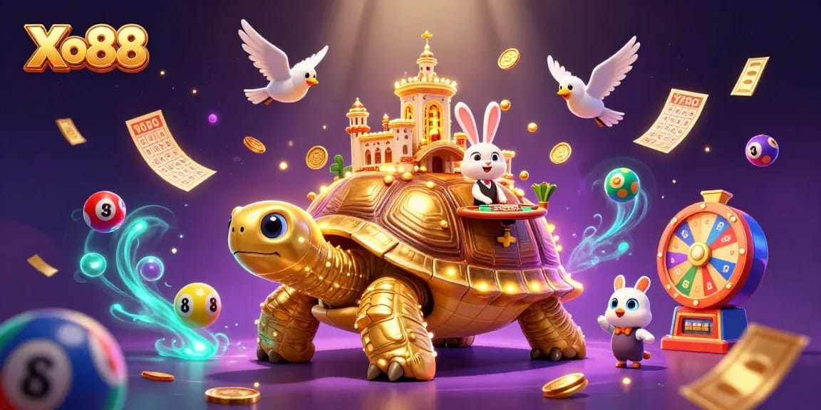 Experience thrilling gaming at Xo88 with vibrant lottery elements and a lively casino scene featuring a golden tortoise.