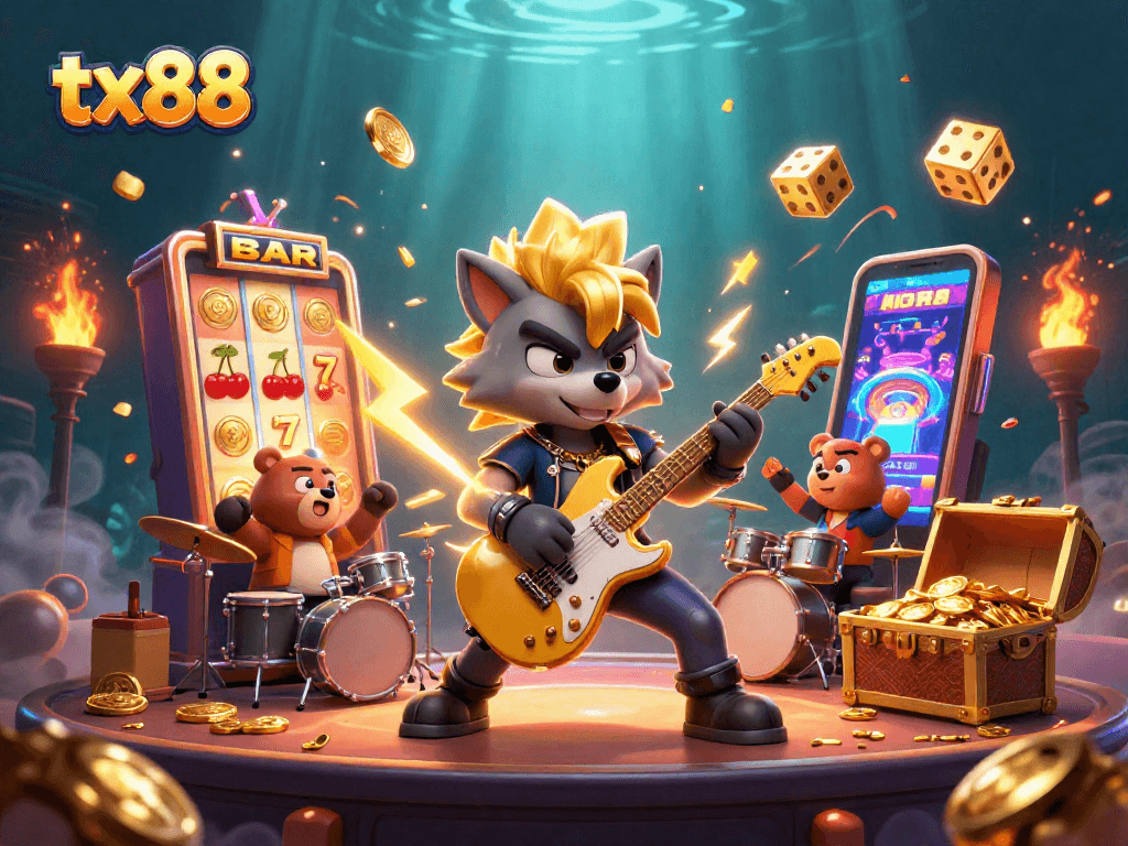 Experience the thrilling atmosphere of tx88 with a vibrant 3D casino scene bursting with action and color.
