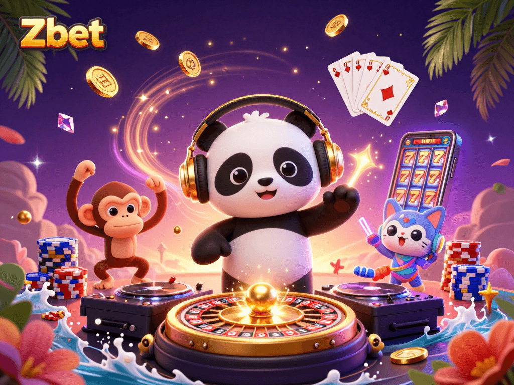 Engage with Zbet's exciting gaming atmosphere featuring colorful characters and vibrant gambling elements.