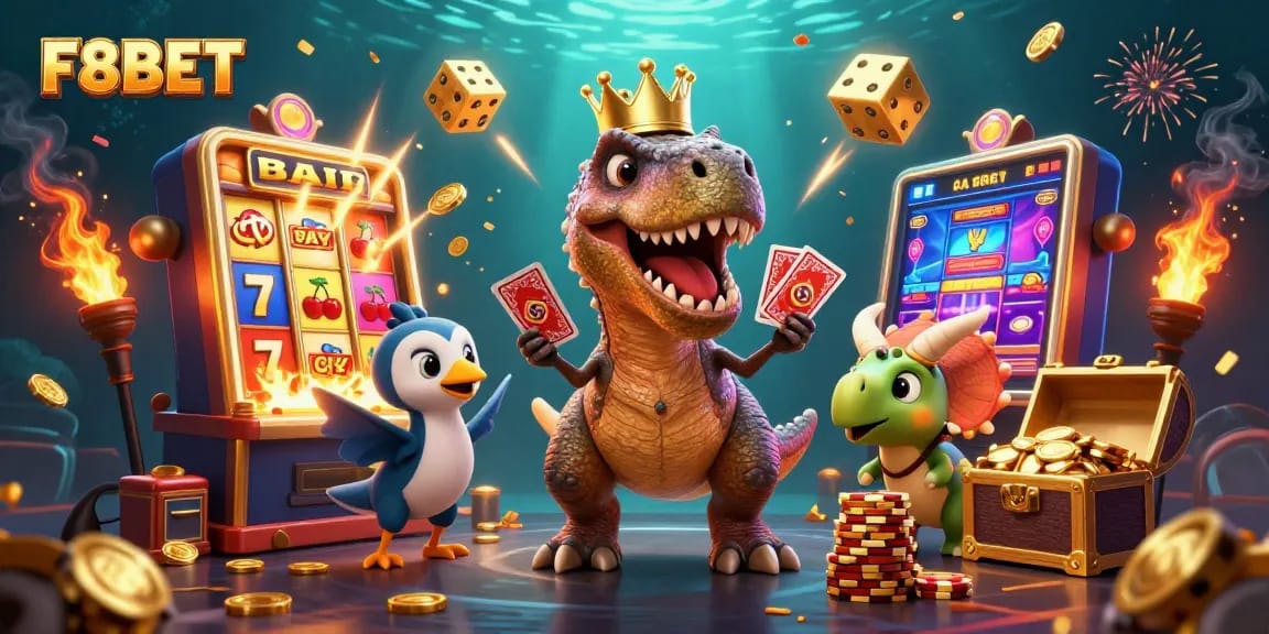 Experience the excitement of F8BET with a colorful T-Rex, pterodactyl, and triceratops in a vibrant casino scene.