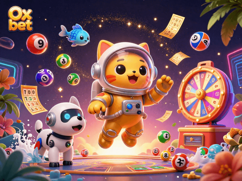 Play with Ox bet's vibrant casino-themed scene featuring an astronaut cat and dynamic lottery elements.