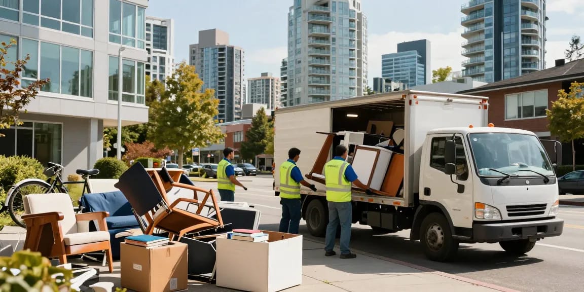 Affordable Junk Removal Vancouver team loading junk into a truck in vibrant urban setting.