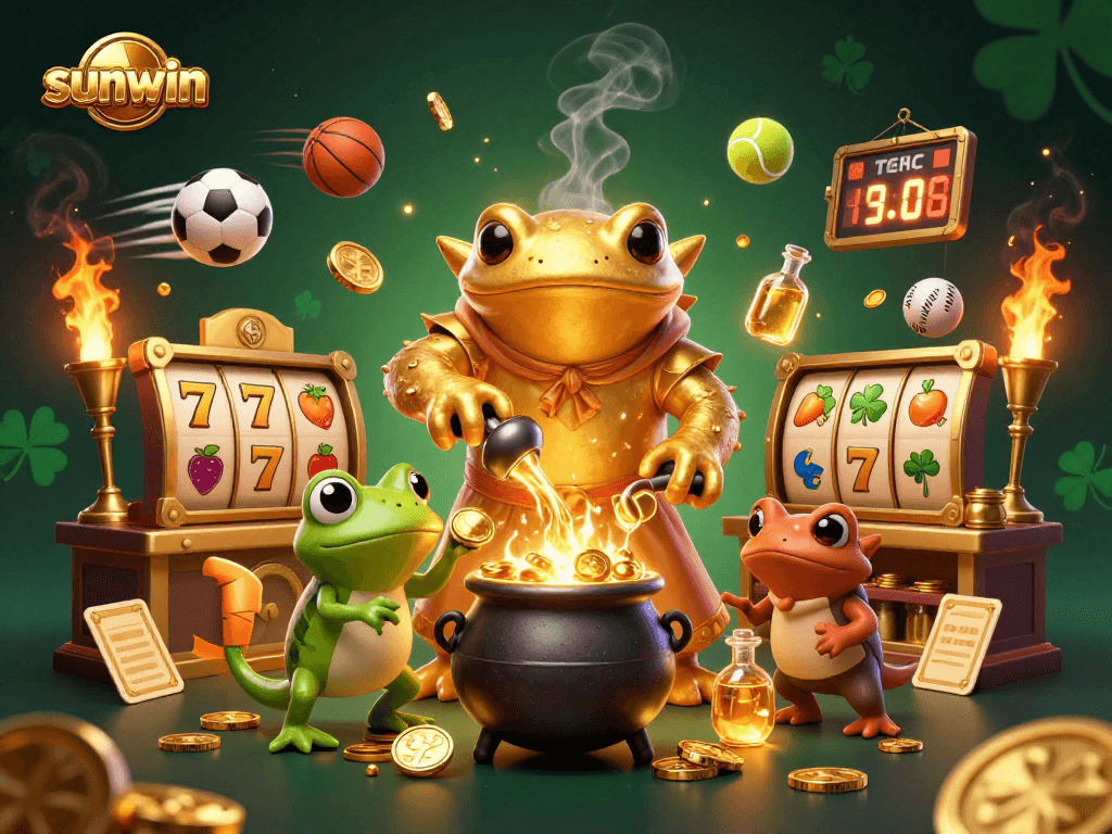 Experience sunwin's thrilling charm with a golden alchemist and festive casino symbols.