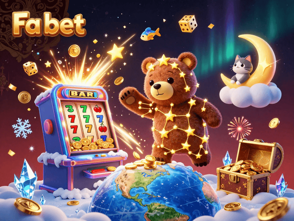 Experience the excitement of Fa bet with vibrant casino illustrations of games and winnings.