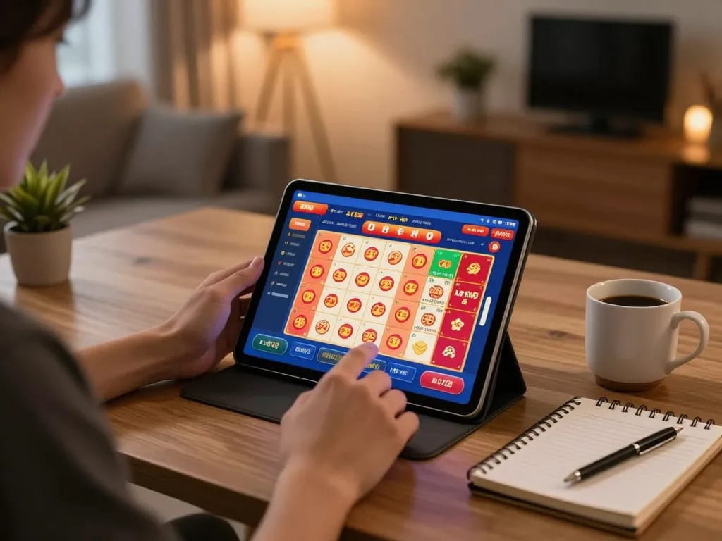 Engaging scene of online co88 xổ số gameplay on a tablet, showcasing user interaction in a cozy home office.