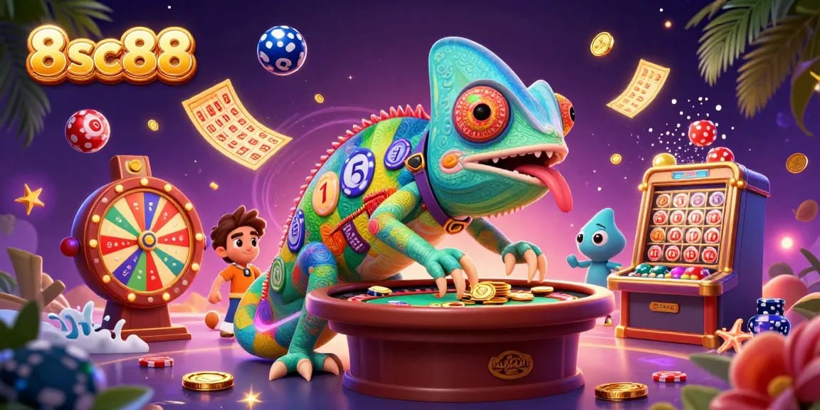 Experience 8sc88's vibrant casino world, where chameleon character and dynamic gaming elements collide.