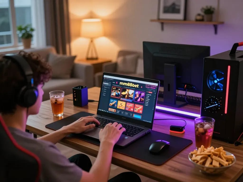Enjoying a session at mm88bet online casino with engaging gameplay and snacks visible.