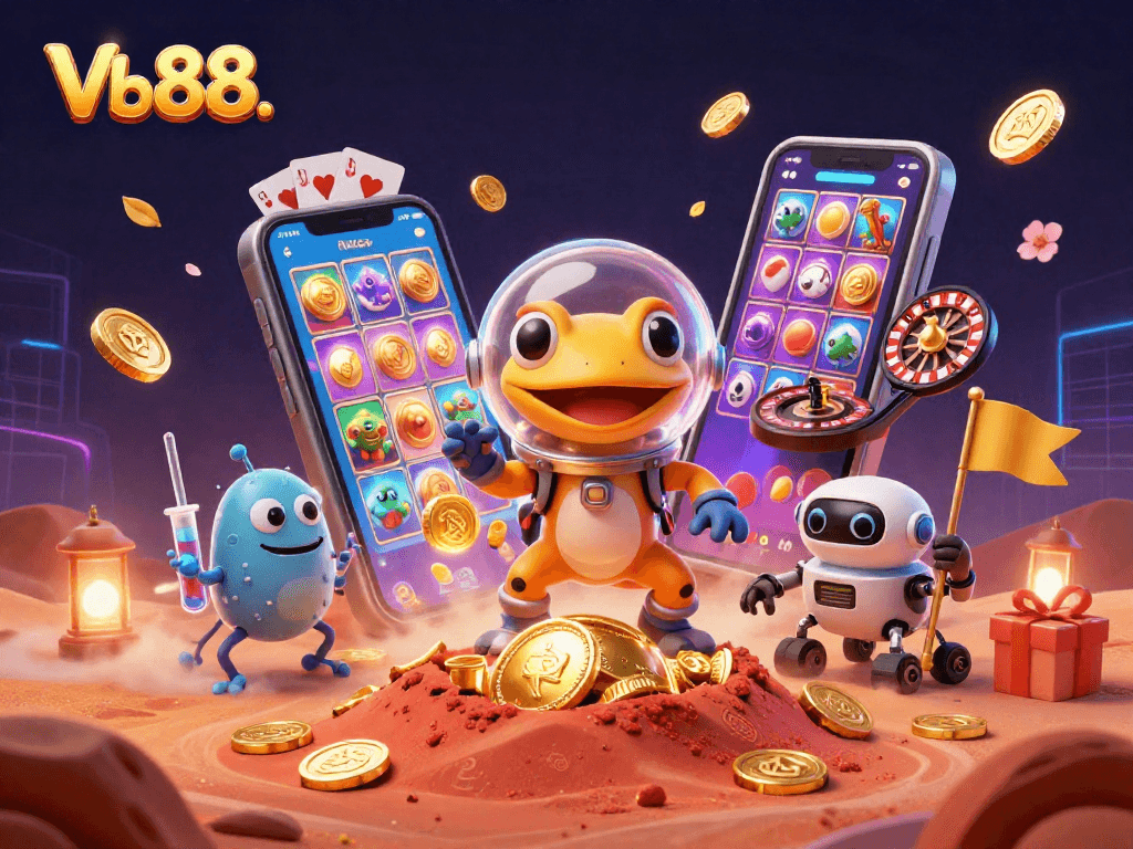 Experience thrilling gaming action at Vb88. com with cartoon gecko discovering a golden casino.