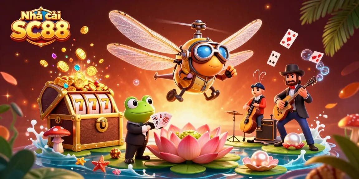 Engage with Nhà cái SC88 at the vibrant lily pad casino featuring a dragonfly pilot and frog croupier.
