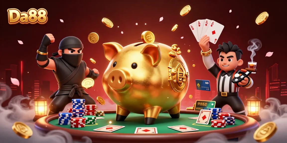 Experience thrilling action with Da88 as a golden piggy bank wrestler unleashes coins in a vibrant casino scene.