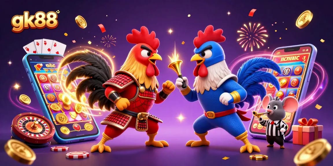 Play exciting slot games with gk88, featuring dynamic roosters and vibrant casino elements.