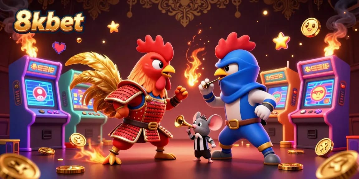 Bet on 8xbet with exciting action from two fighting roosters surrounded by colorful casino game elements.