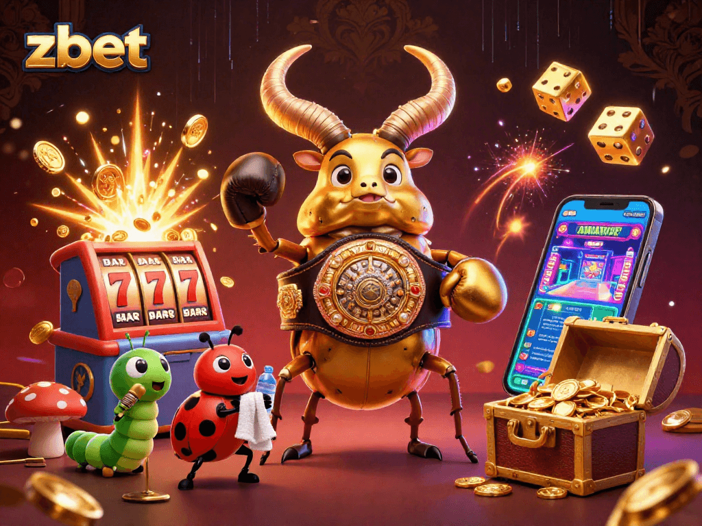 Engage with zbet's dynamic gaming world featuring a cartoon beetle and casino elements.