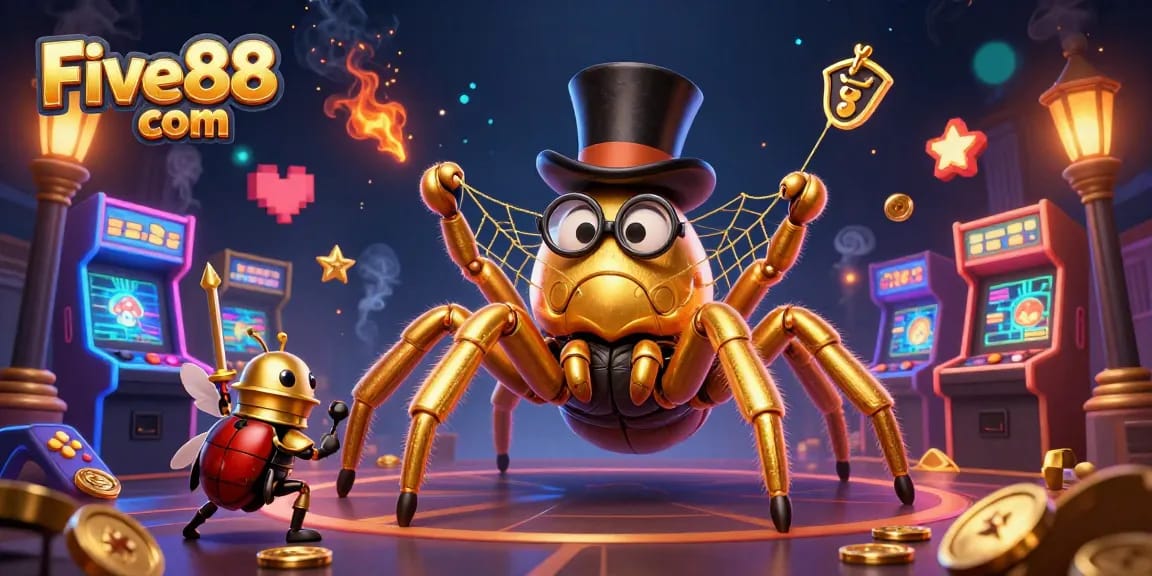 Engage with Five88 com through a vibrant 3D illustration featuring whimsical characters and dynamic casino elements.