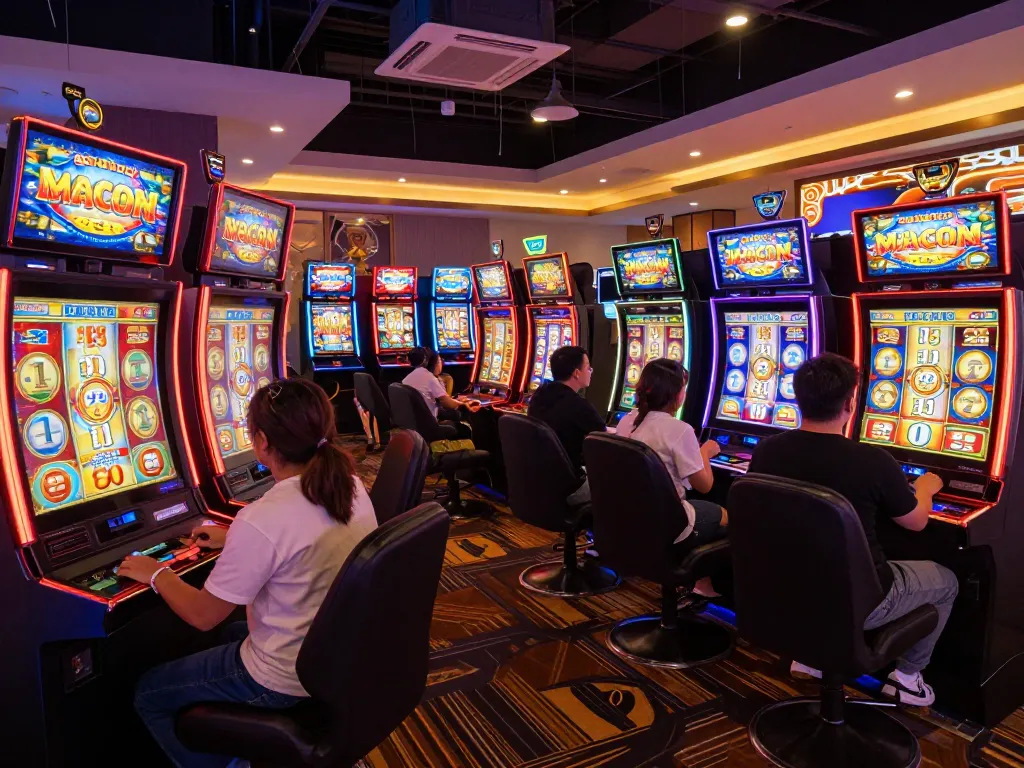 Players engaging with slot gacor machines, hoping for big wins in a lively casino setting.