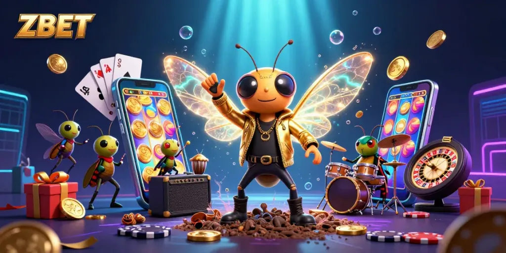 ZBET brings excitement alive as a cicada rock star performs in a vibrant casino scene.