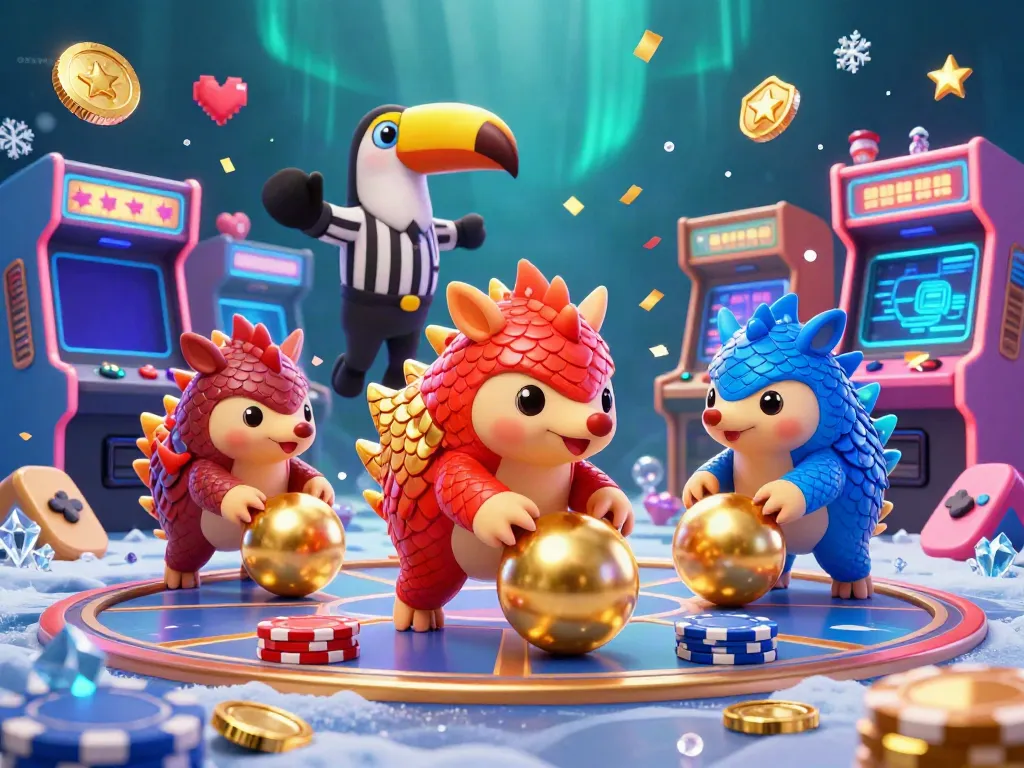 Experience the thrill of GEMWIN with playful pangolins rolling through poker chips in this vibrant casino scene.