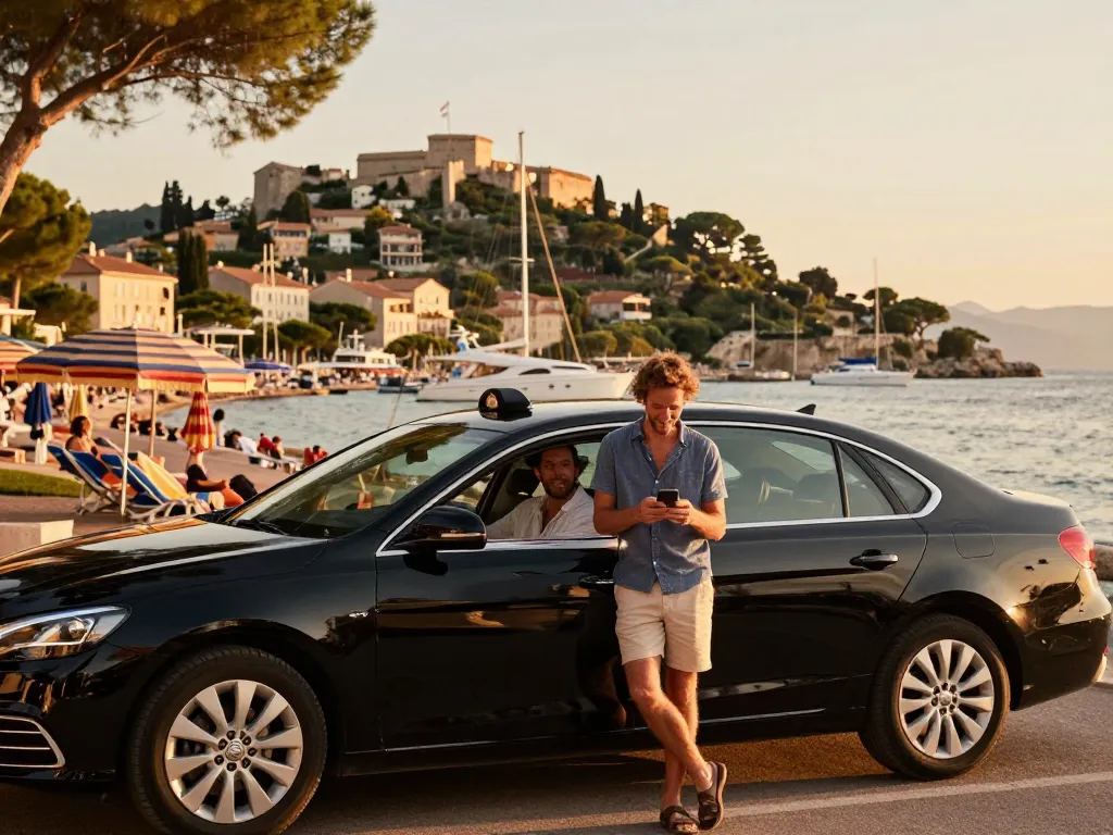 Taxi Saint-Tropez avec un voyageur sortant d'un taxi privé au coucher du soleil, décor de plage en arrière-plan.