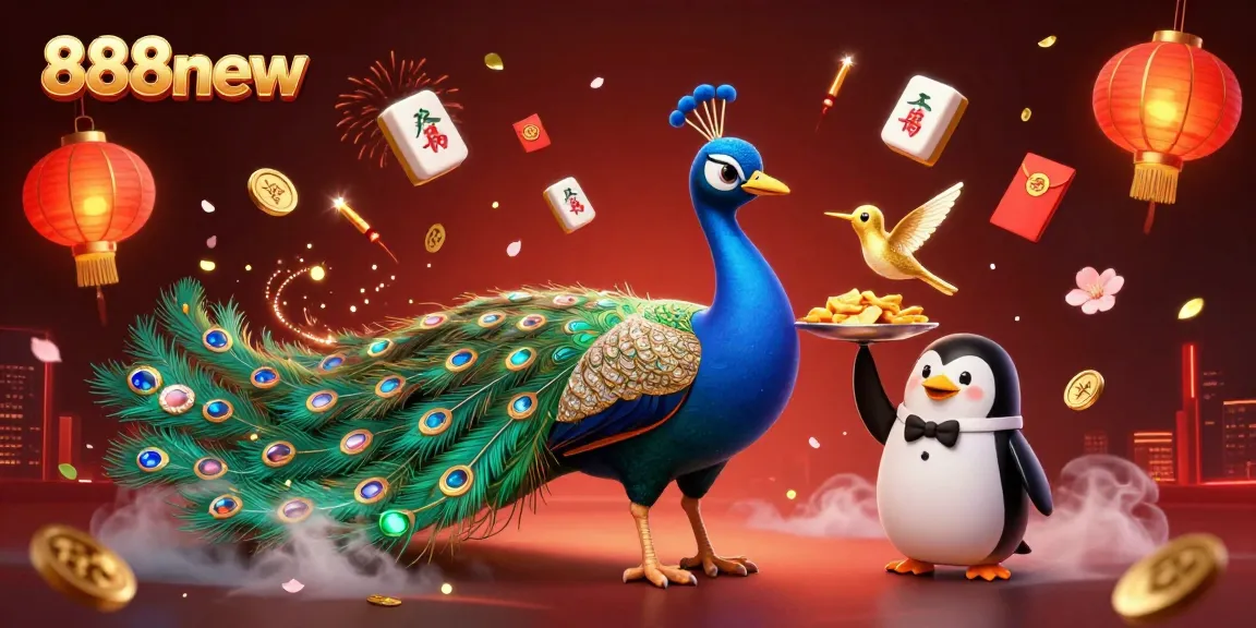 Experience the thrilling world of 888new with a dazzling peacock and butler at a vibrant casino.