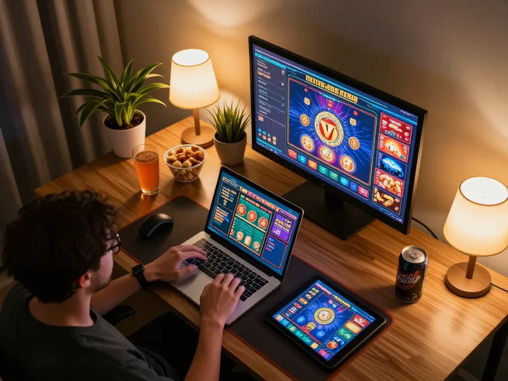 Experience online gaming excitement with ee88 on a vibrant home setup showcasing casino action.