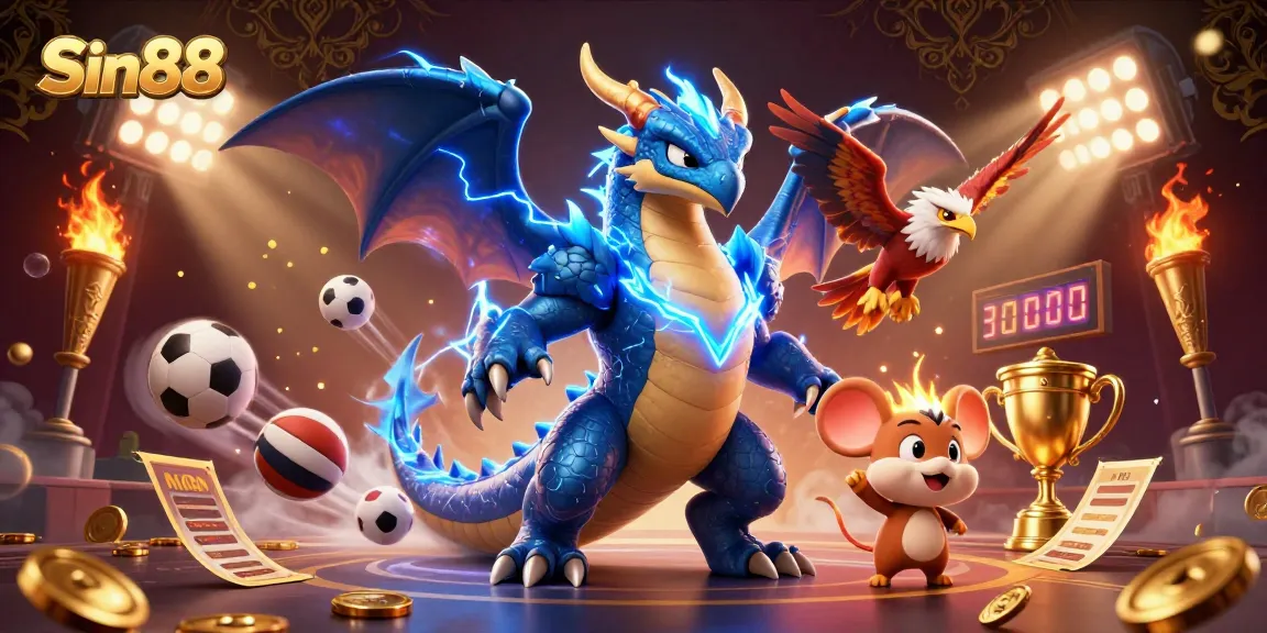 Experience excitement at Sin88 with dynamic 3D characters and sports elements in an electric casino environment.