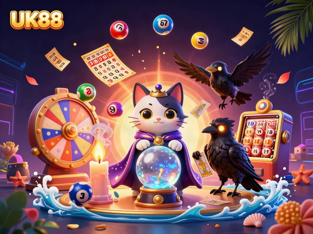 Engage with thrilling lottery games at UK88, featuring vibrant visuals of lottery balls and prizes.