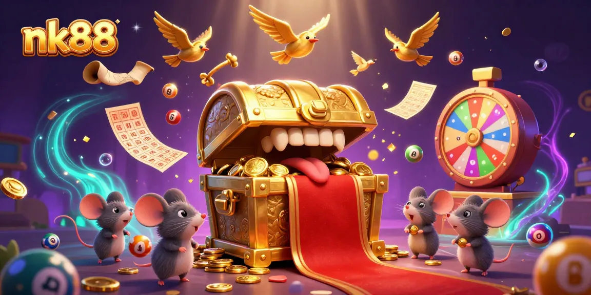 Engage with exciting gaming at nk88, featuring vibrant lottery balls and a golden treasure chest.