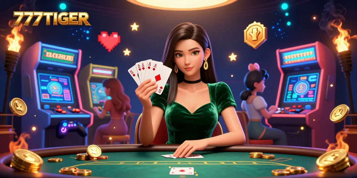 Engage in the vibrant world of 777TIGER at a luxury poker table surrounded by dynamic gaming elements.